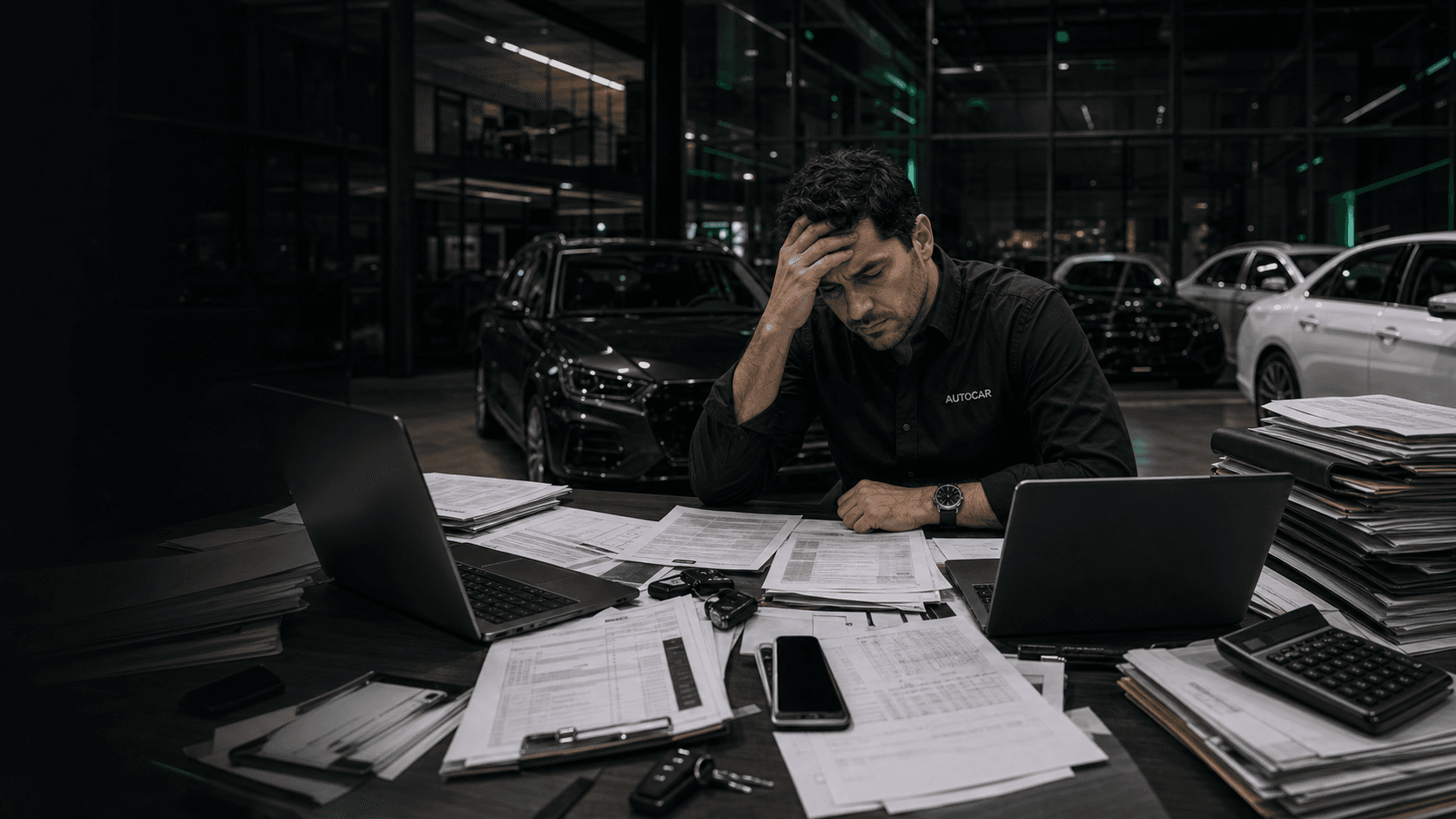 Lojista da Autocar sobrecarregado com documentos e controles manuais na loja.
