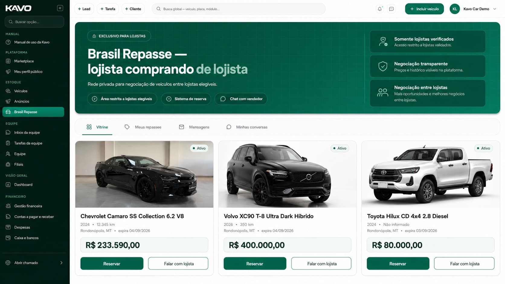 Vitrine do Brasil Repasse com veículos negociados entre lojistas verificados.