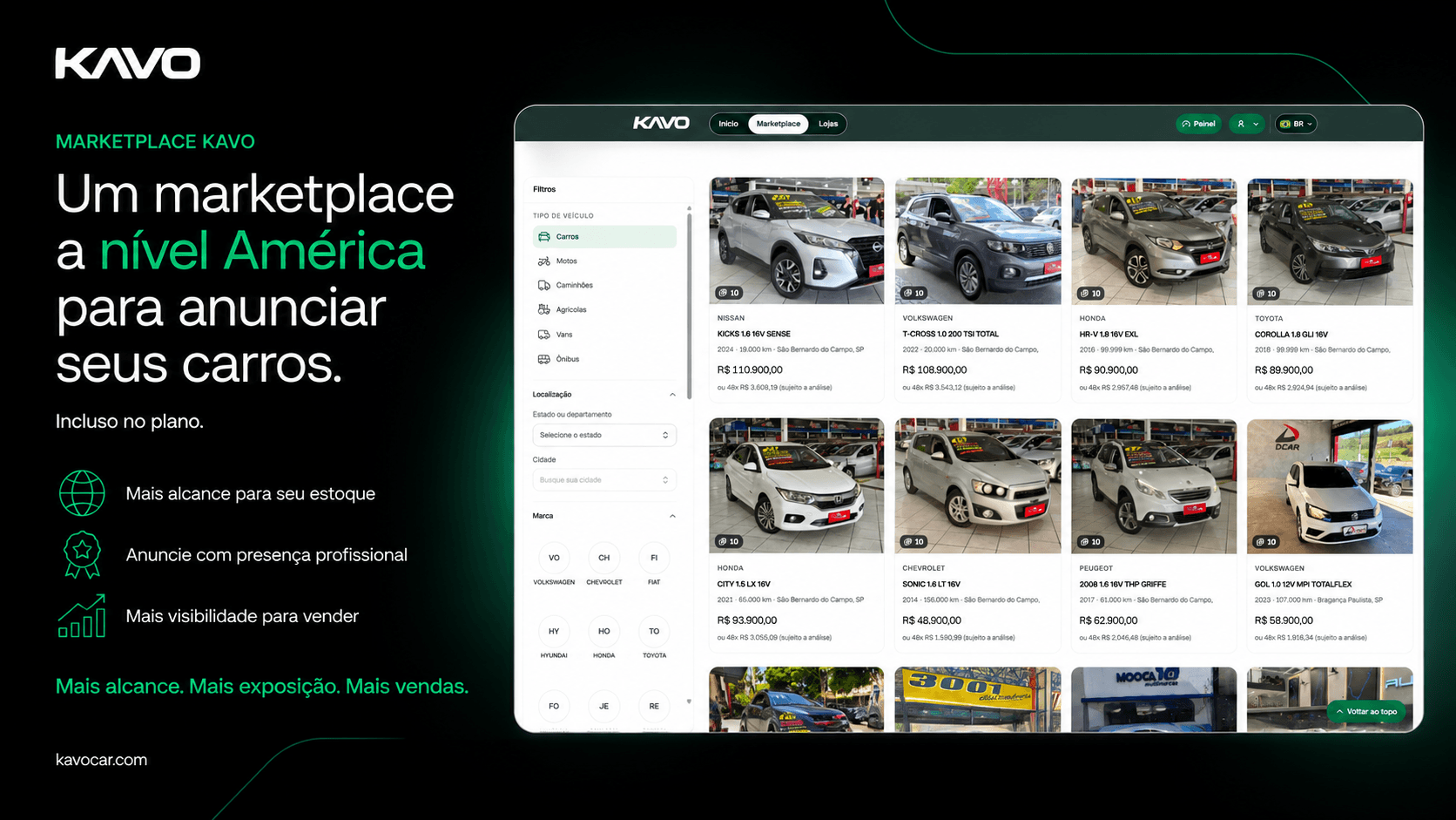 Marketplace KAVO com filtros e veículos anunciados por lojistas.